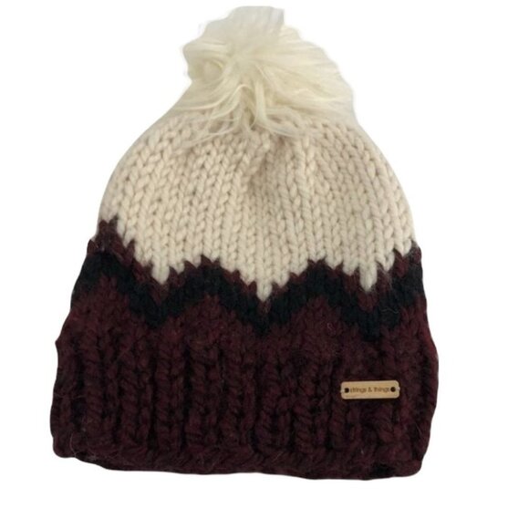 Strings  & Things crochet toque burgundy chevron Pom Pom beanie (toque) - Picture 1 of 10